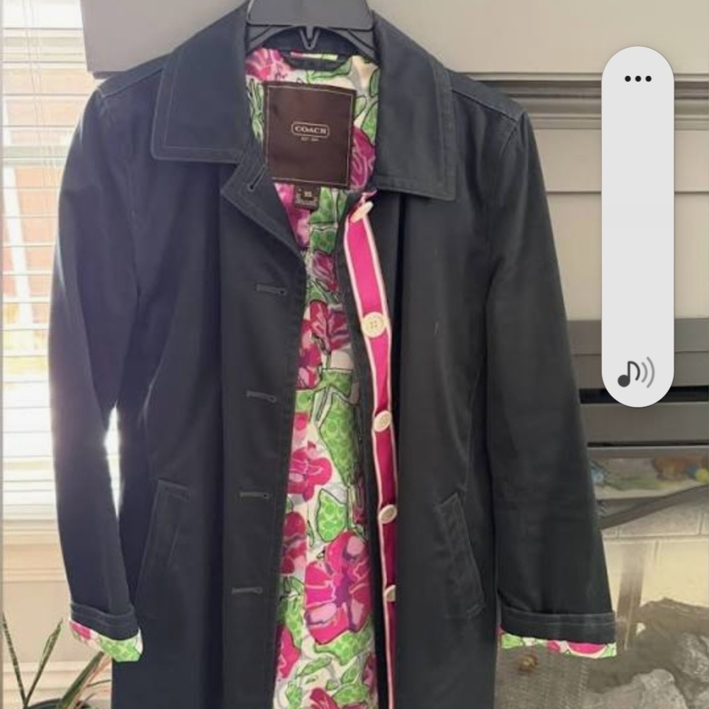 Coach Black Trench Coat with Pink & Green Floral Lining